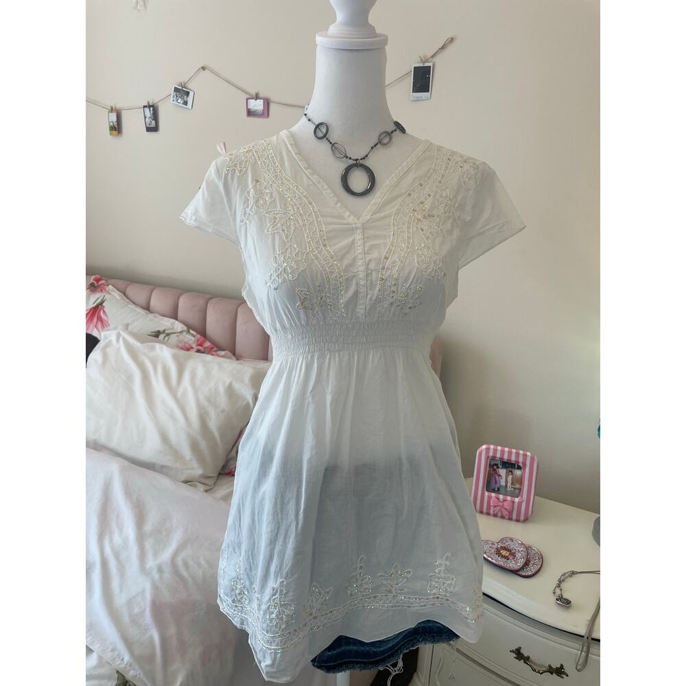 white embroidered sequin y2k vintage babydoll top